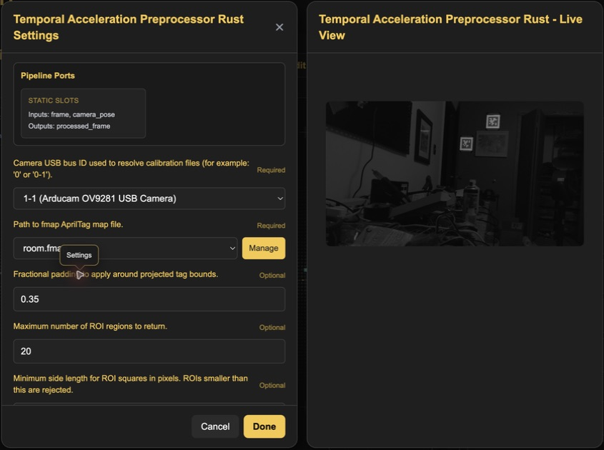 Temporal Acceleration settings beside its live processed frame
