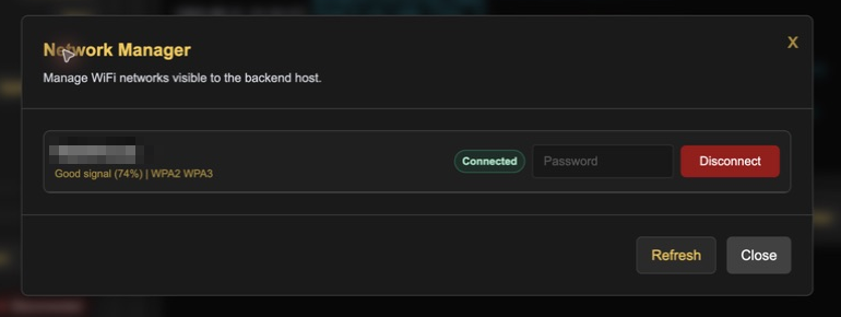 Wi-Fi Network Manager opened from the Settings tab